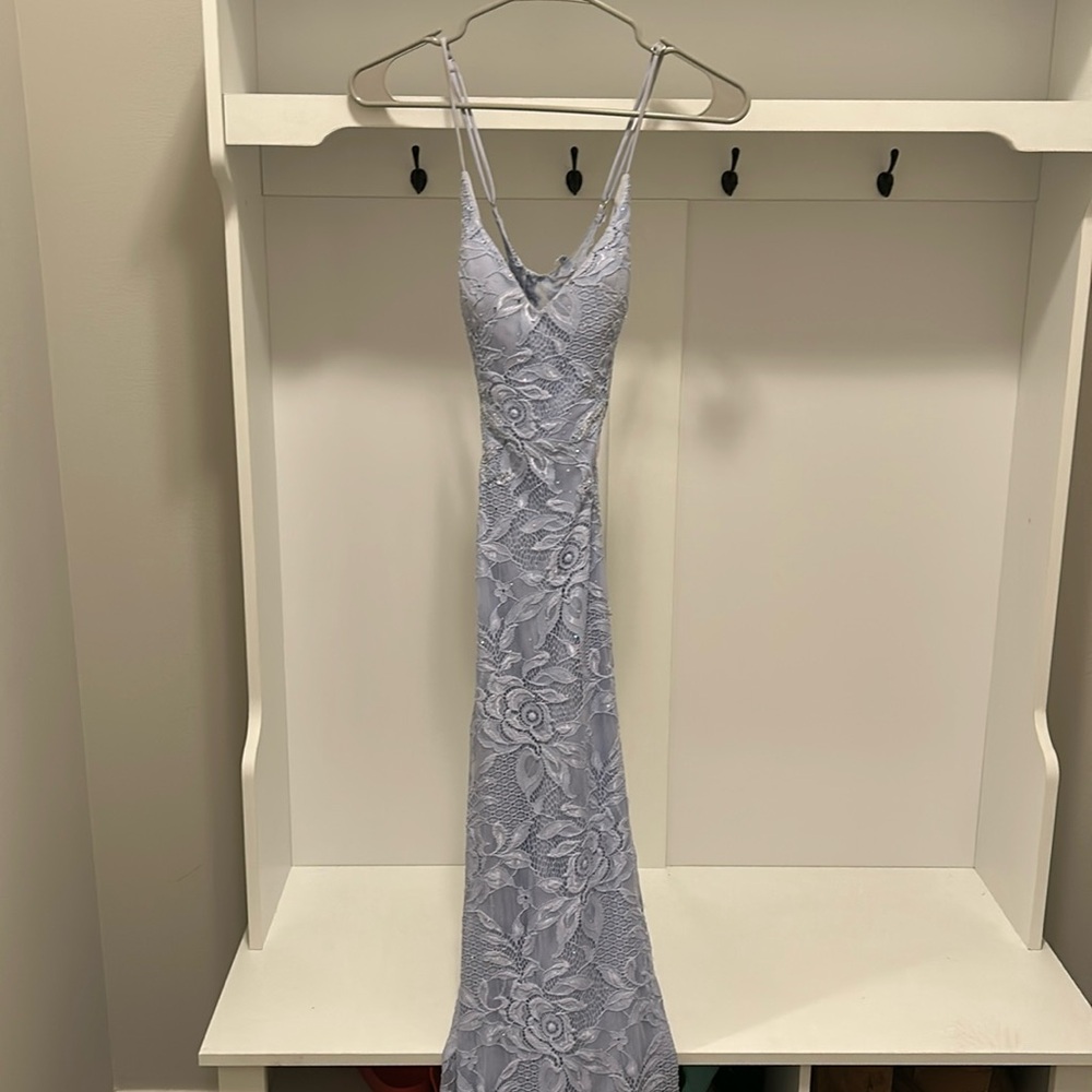 La Femme Light Lavender Lace Prom Dress